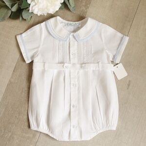 White Heirloom Ric-Rac Button Belt Creeper Feltman Brothers Blue Trim Boys NWT